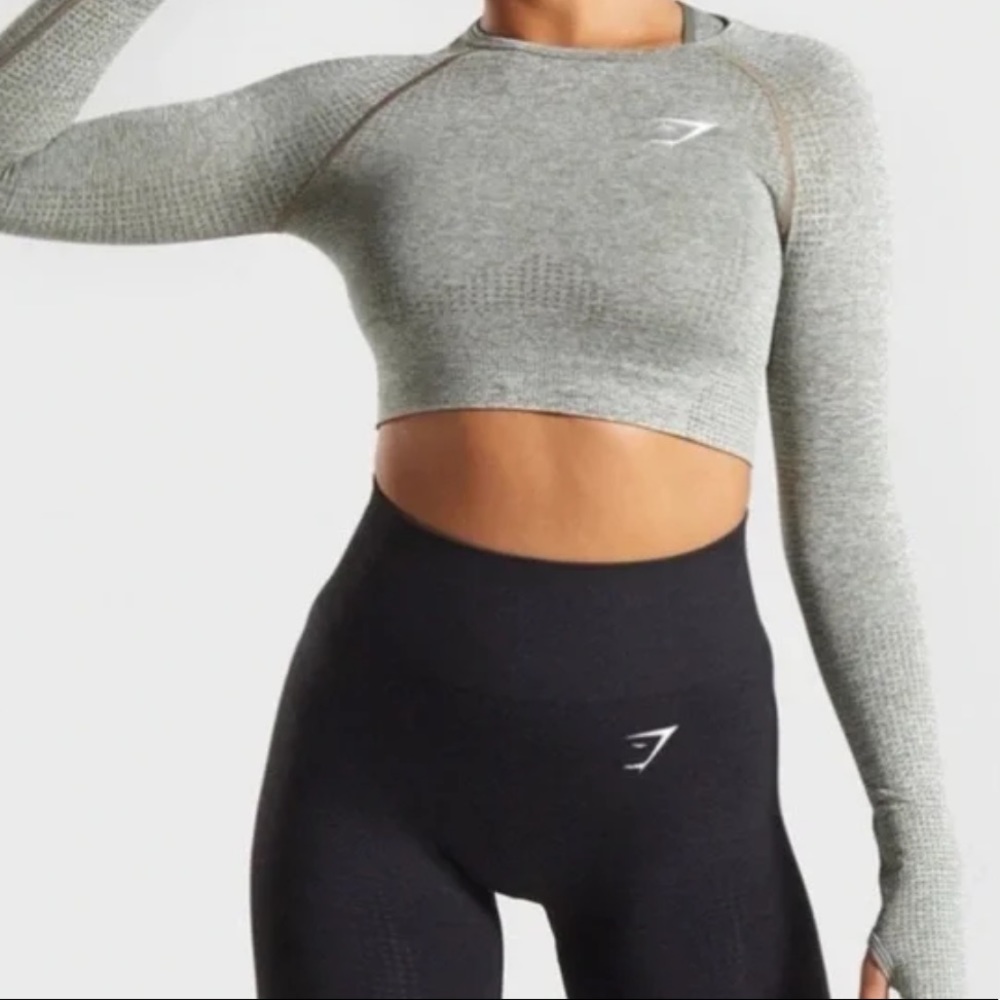 Gymshark Vital Seamless Long Sleeve Crop Top Green Khaki Marl